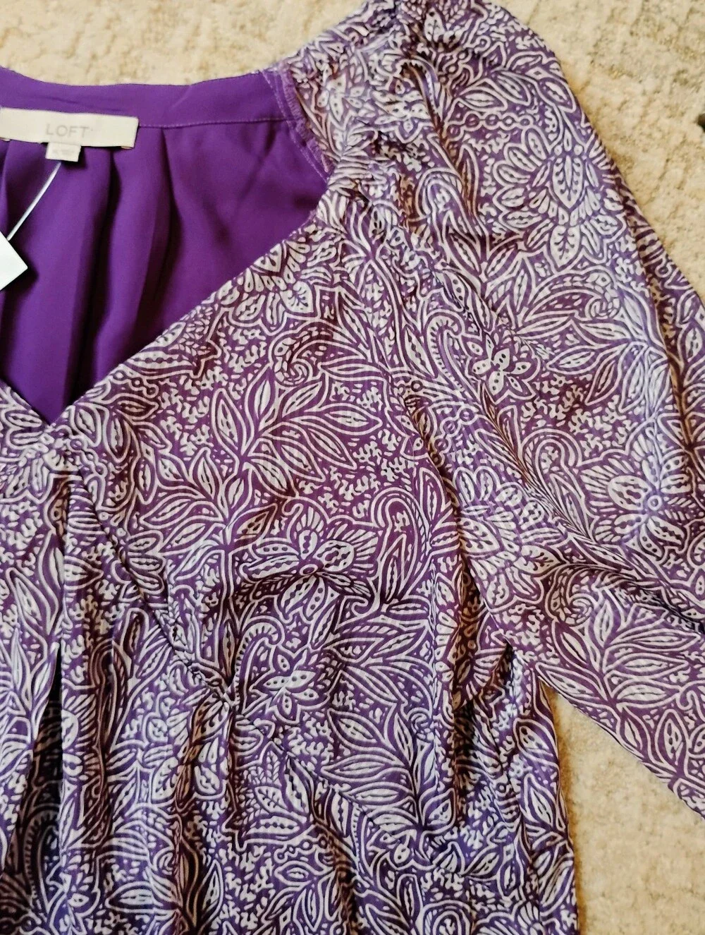 NWT XL Ann Taylor LOFT Purple And White V-Neck Floral Long Sleeve Blouse NEW